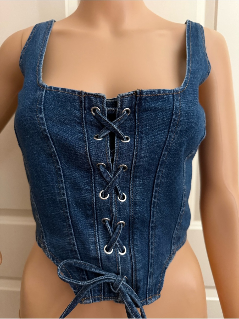New Lone Star Denim Lace-Up Corset Tank Top - Blue - Picture 3 of 6